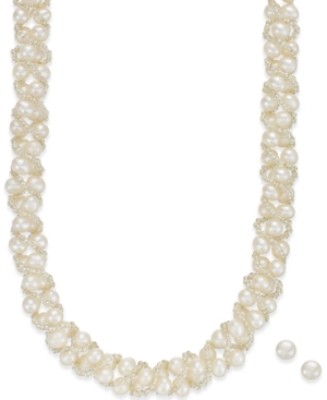 Macy's Cultured Freshwater Pearl Woven Necklace (4mm) & Stud Earrings (6mm) Set In Sterling Silver In White