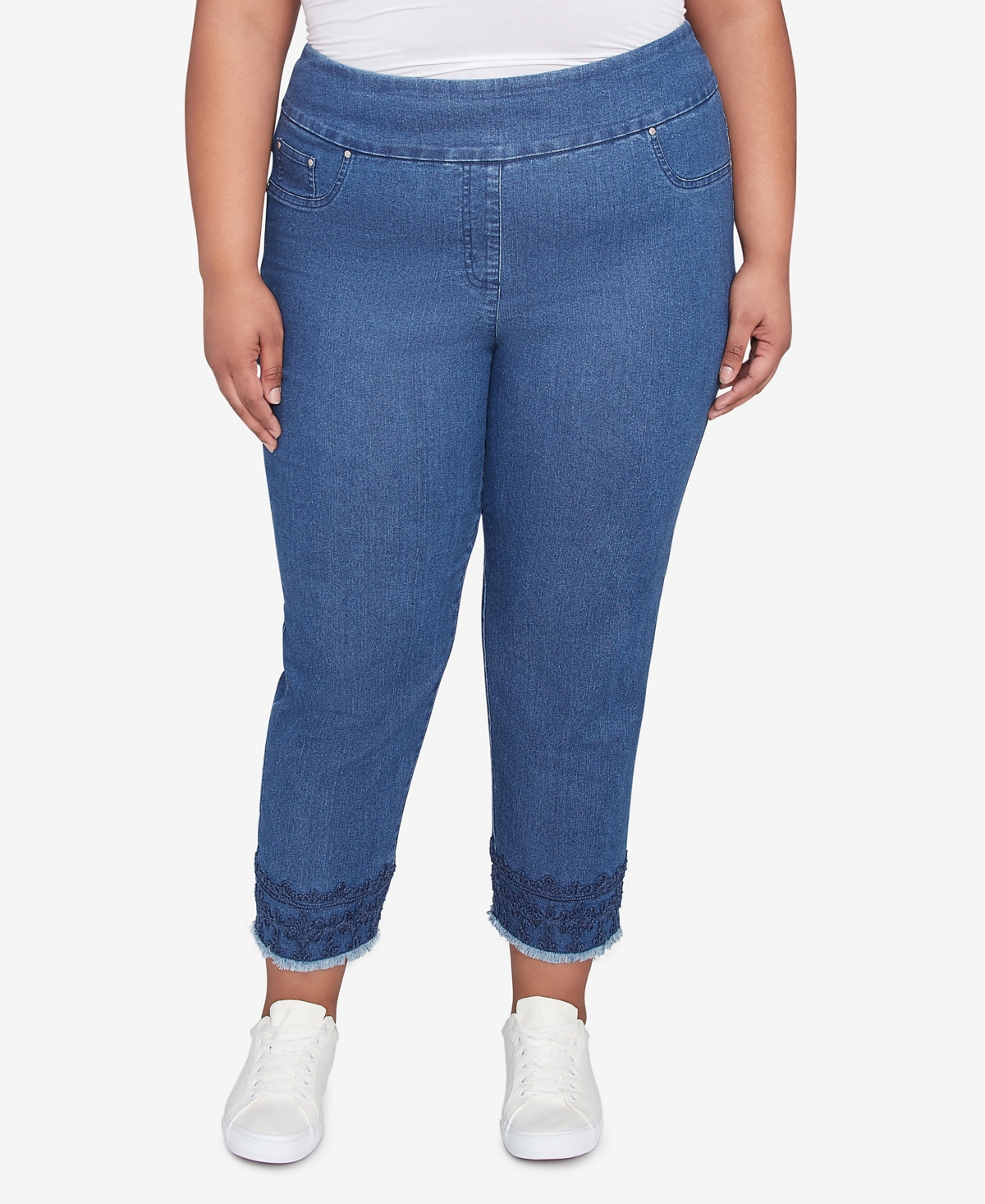 Plus Size Embroidered Extra Stretch Dark Denim Jeans - Indigo