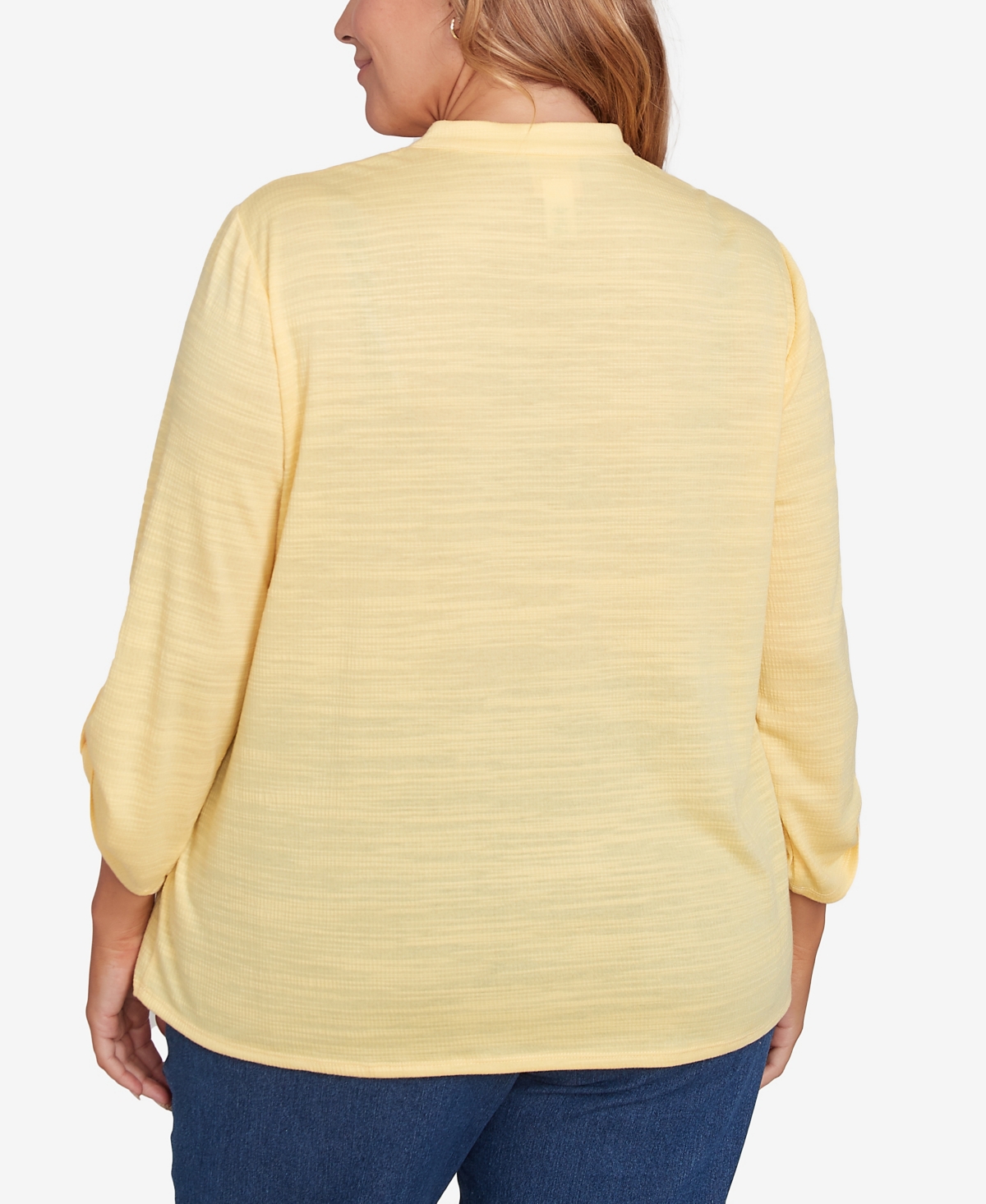 Ruby Rd. Plus Size Soft Relaxed Textured V-neck Trim Top In Lemon