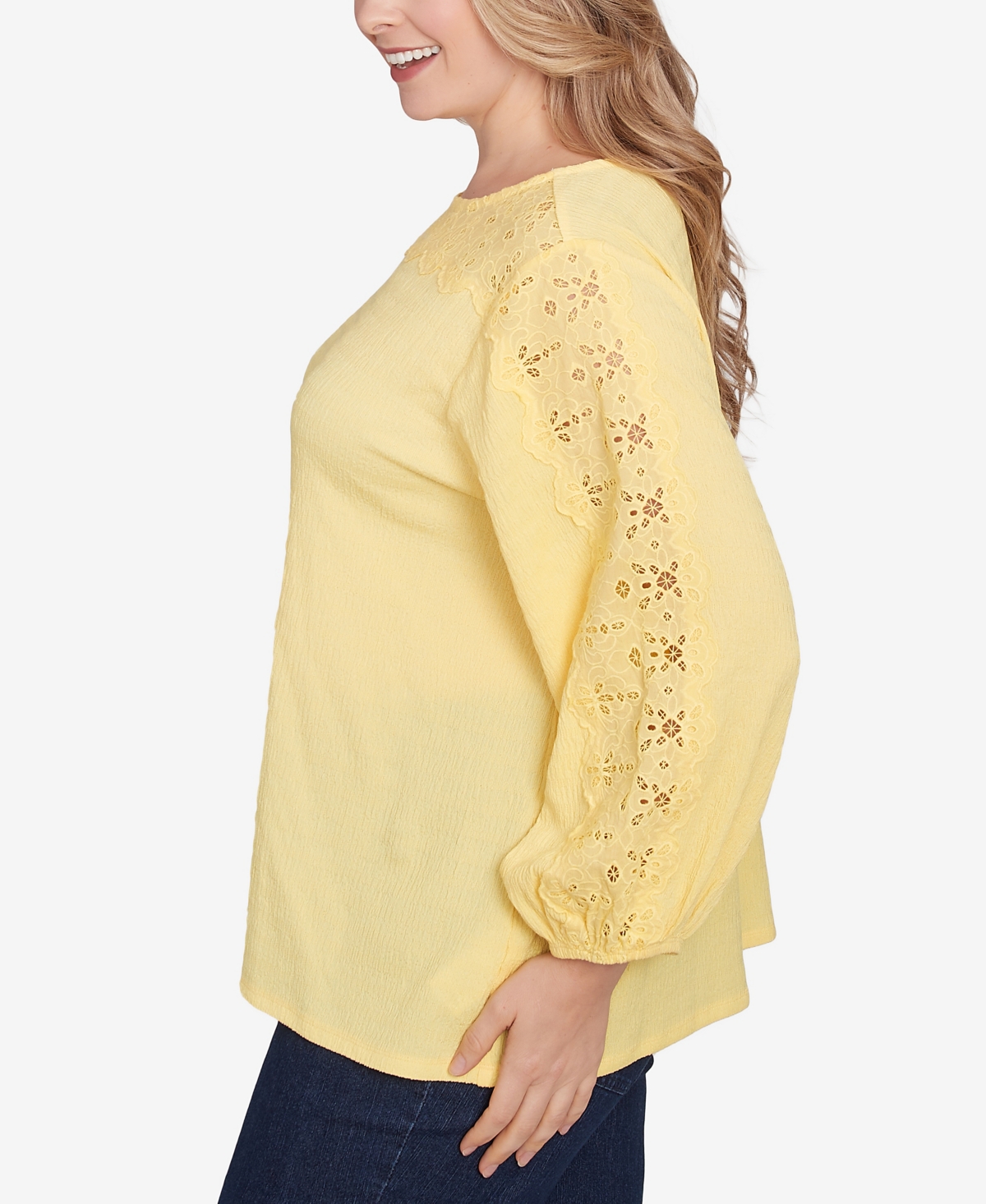 Ruby Rd. Plus Size Solid Textured Eyelet 3/4 Sleeve Top In Lemon