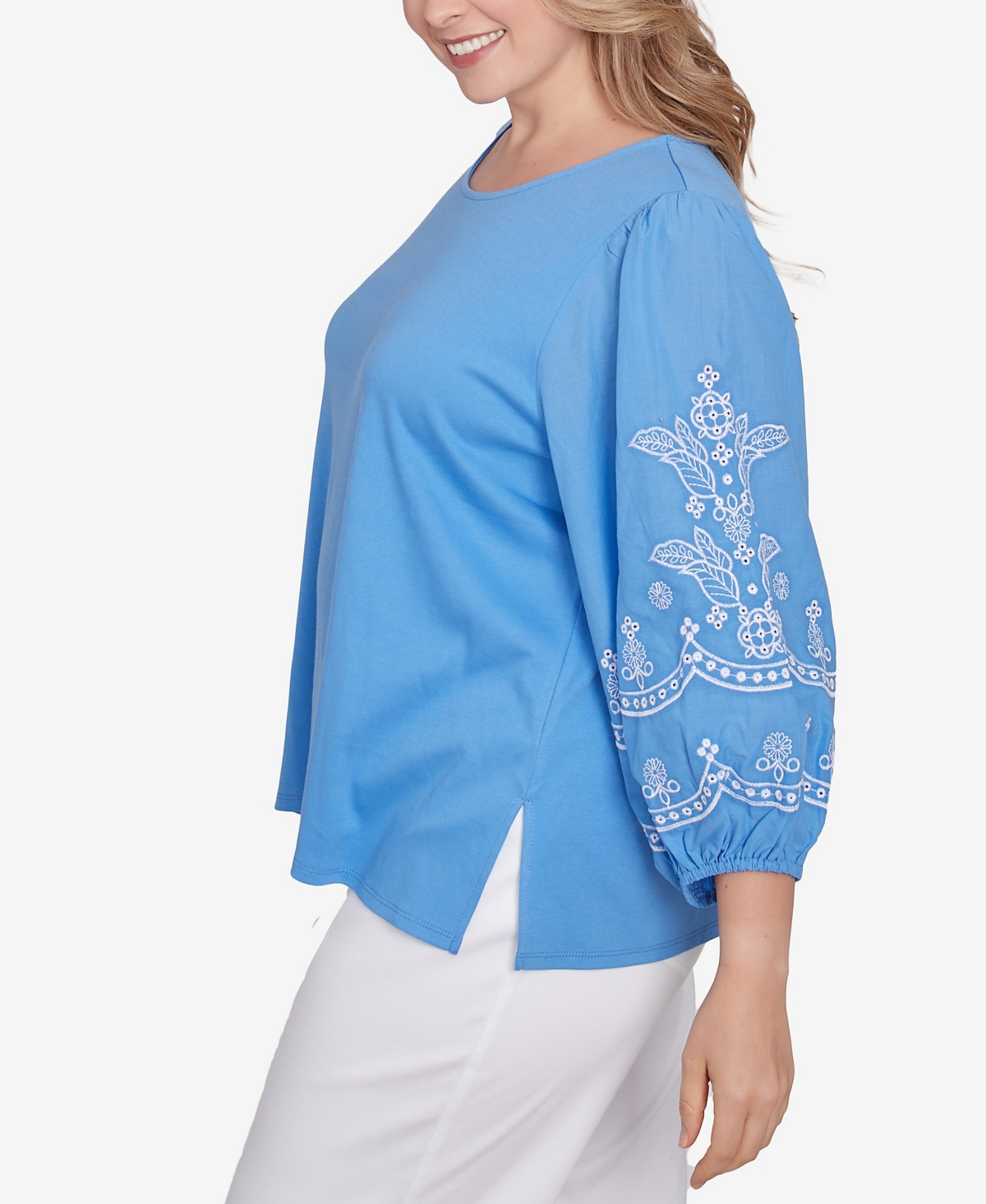 Ruby Rd. Petite Bella Blue Embroidered Three Quarter Sleeve Top In Blue Bird