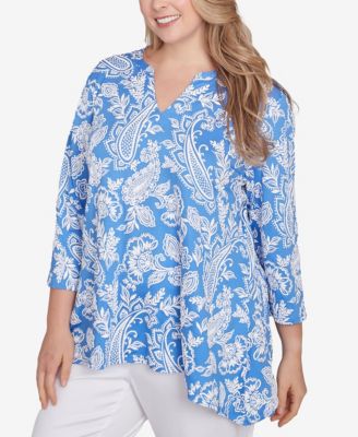 Plus Size Jacobean Paisley Puff Print V-Neck Top