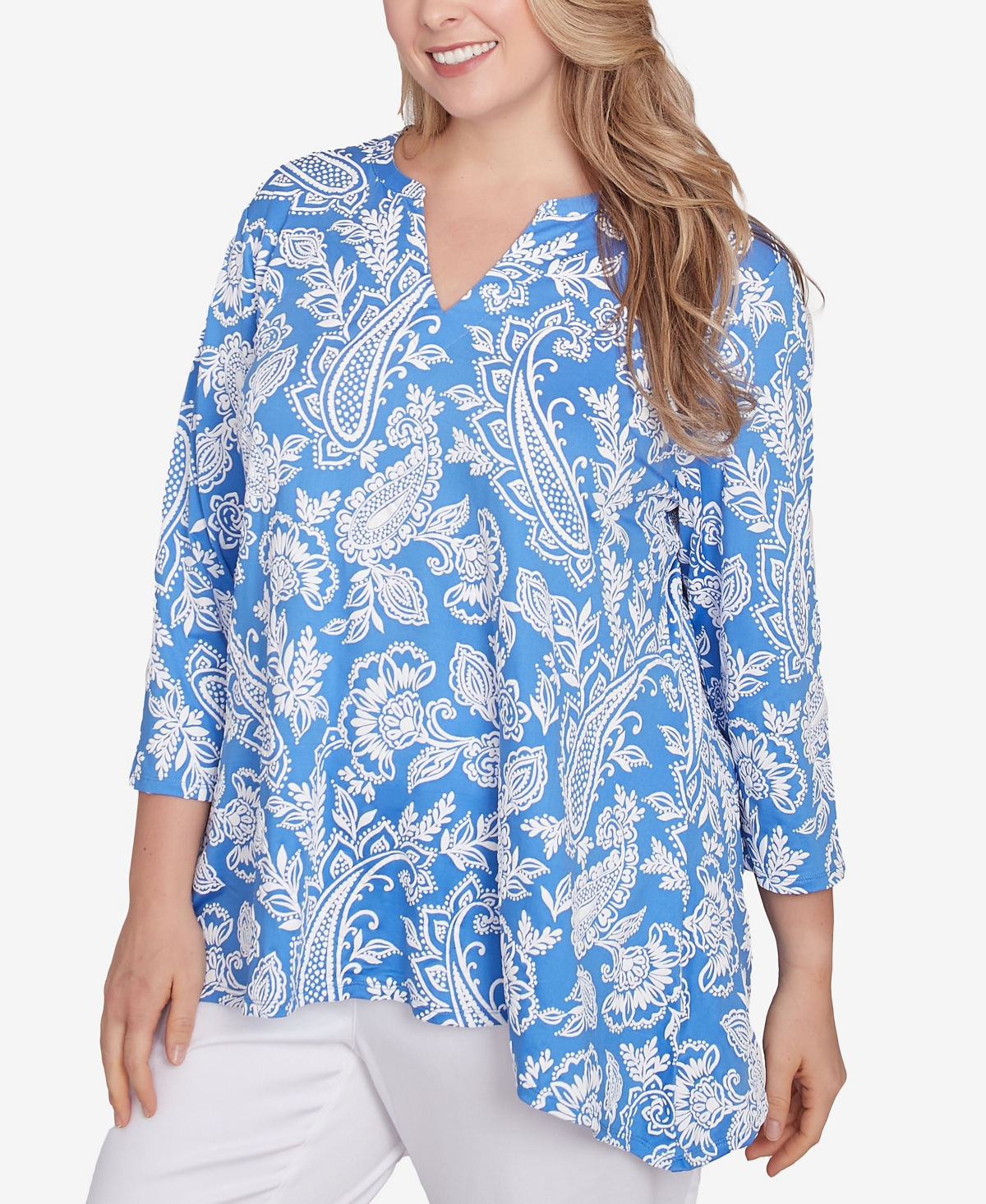 Ruby Rd. Plus Size Jacobean Paisley Puff Print V-neck Top In Bluebird Multi