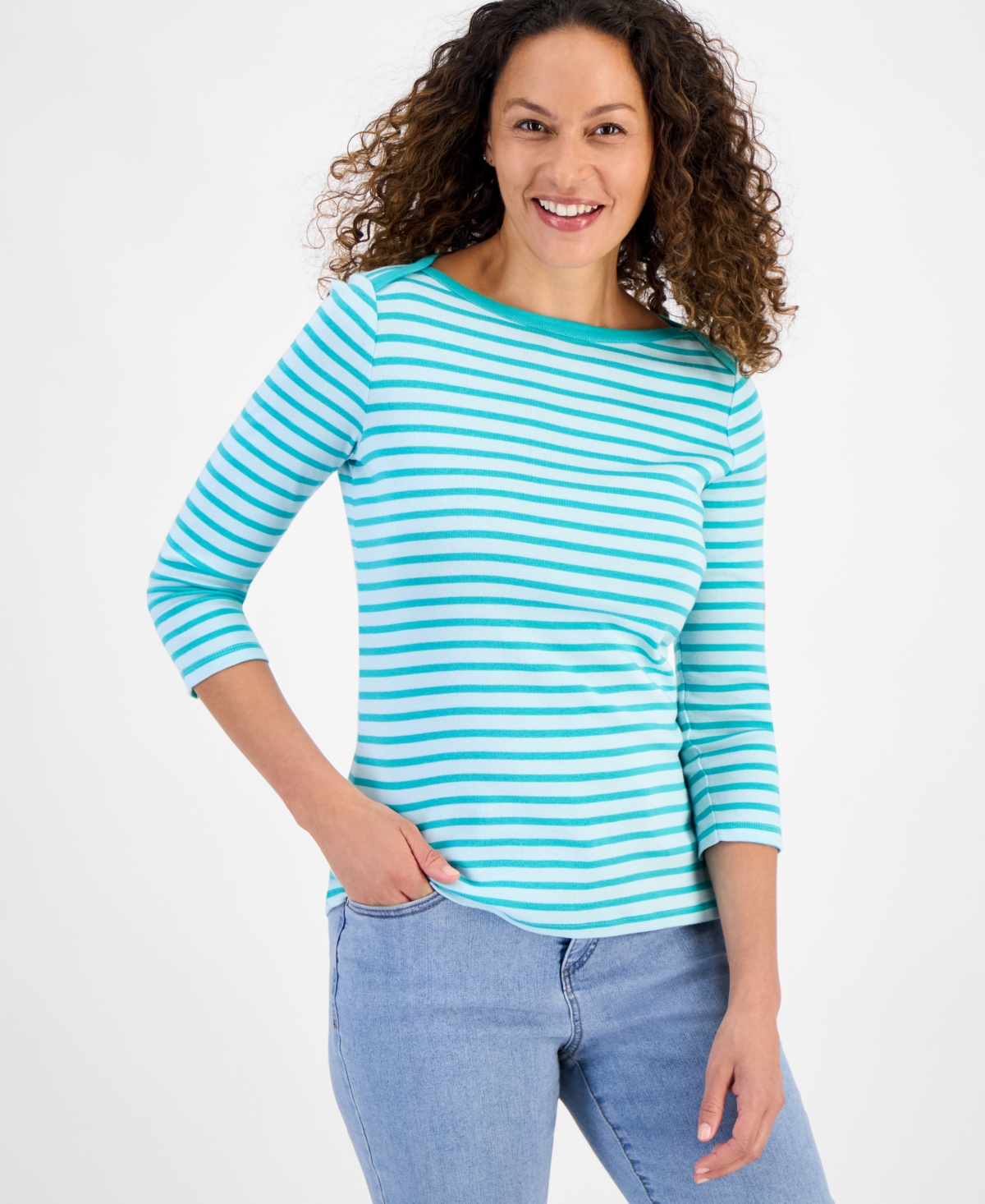 Petite Cotton Striped Boat-Neck 3/4-Sleeve Top, Exclusively at Macy's - Washed Peach