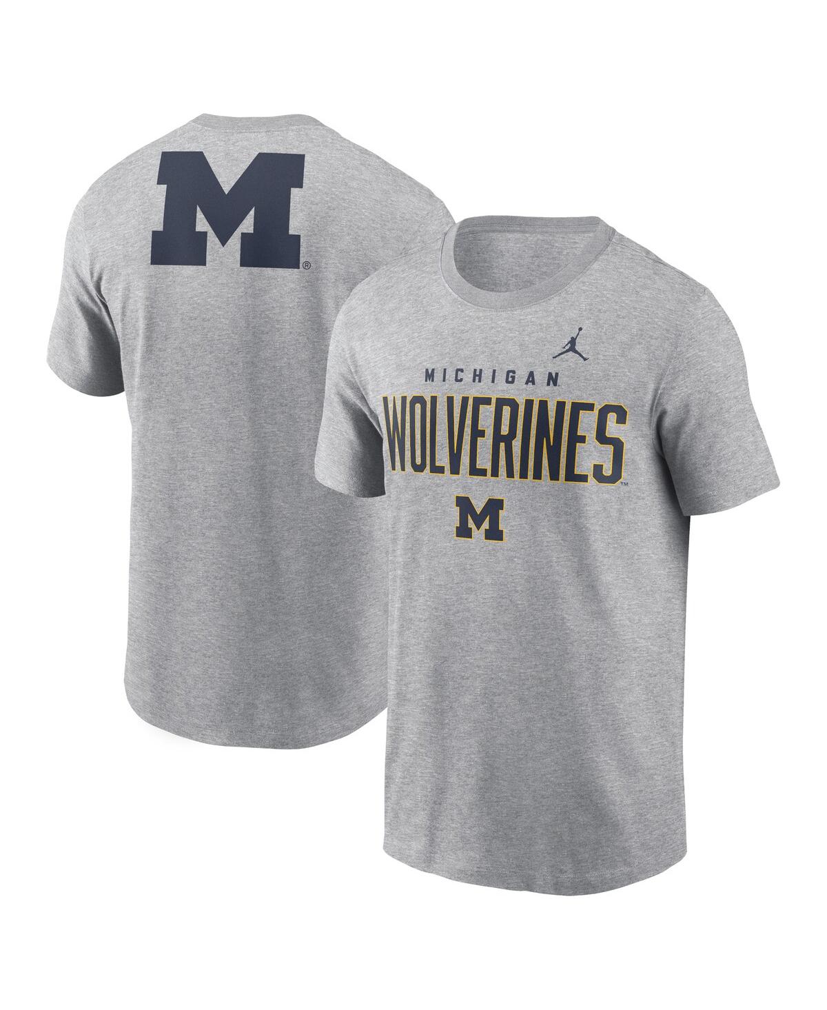 Jordan Men's Heather Gray Michigan Wolverines Campus 2-hit Primary Mascot T-shirt In Heather Gray