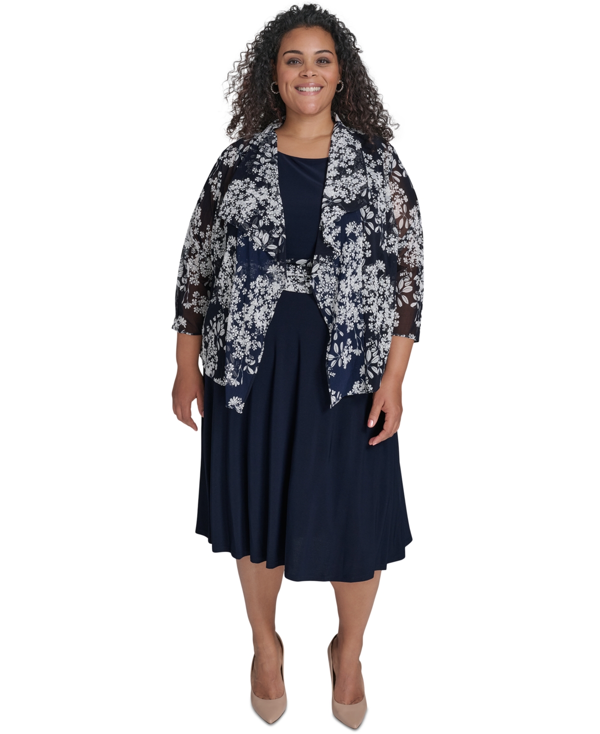 Plus Size 2.Pc Floral-Chiffon 3/4-Sleeve Jacket & Sleeveless Midi Dress - Navy/White
