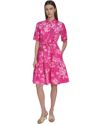 Calvin Klein - Women's Cotton Floral Belted Tie-Cuff Dress