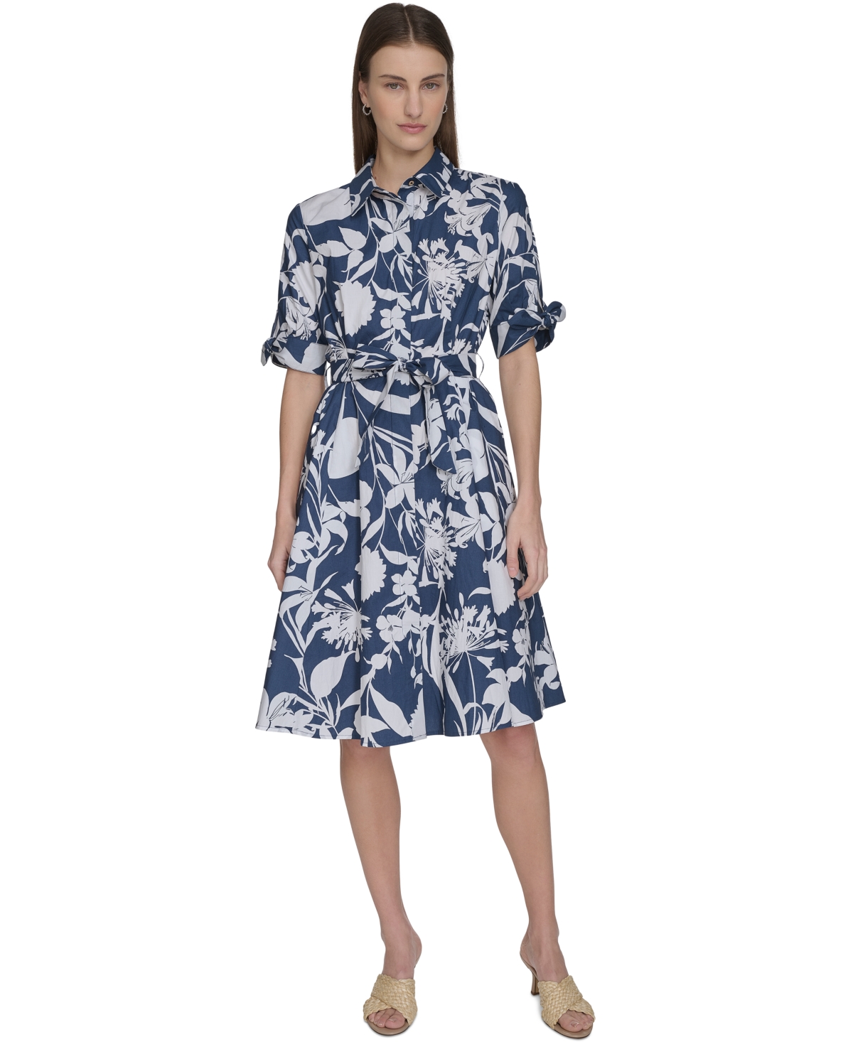 Women's Cotton Floral Belted Tie-Cuff Dress - Tulip Multi