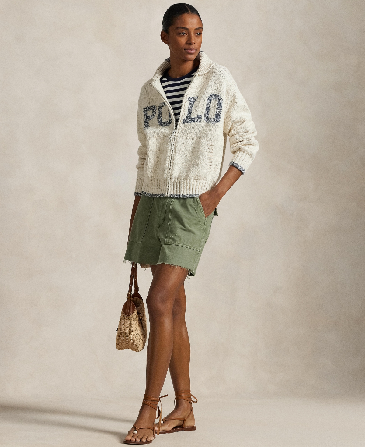 Polo Ralph Lauren Logo Cotton Zip-up Sweater In Cream,blue Multi