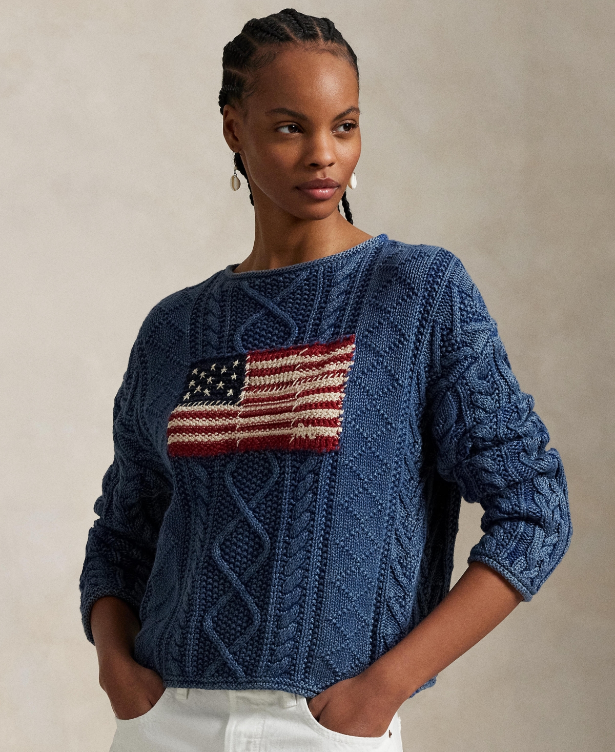 Shop Polo Ralph Lauren Women's Flag Aran-knit Cotton Sweater In Indigo,multi