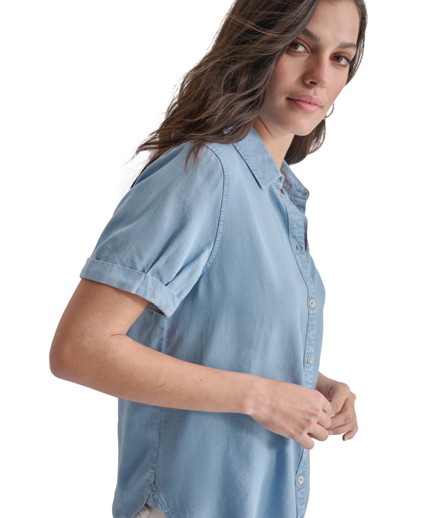 Женская рубашка DKNY Jeans Petite Rolled Short-Sleeve Button-Up, цвет: Шамбре — фото 5