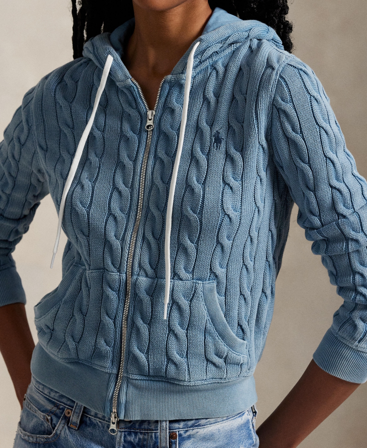 Shop Polo Ralph Lauren Women's Cable-knit Cotton Full-zip Hoodie Sweater In Chambray Indigo