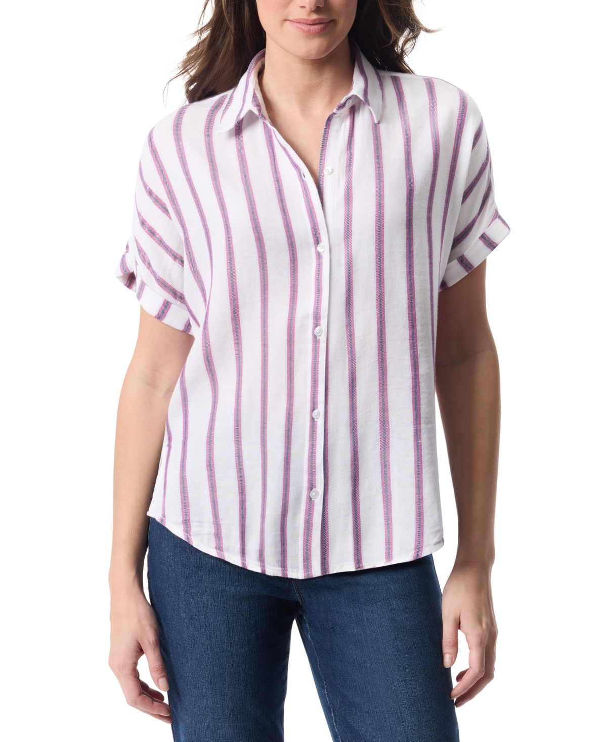 Gloria Vanderbilt Petite Daisy Striped Short-sleeve Blouse In Metropolitan Stripe Vintage White