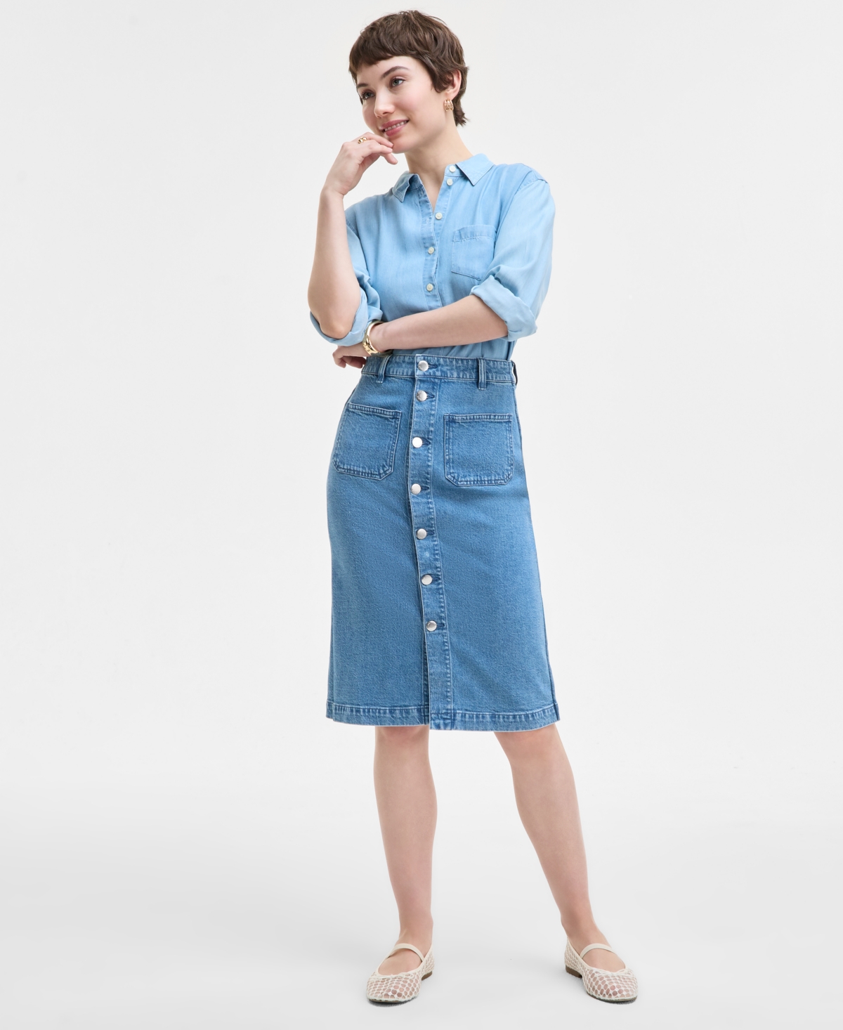 Women's Patch-Pocket Denim Midi Skirt, Exclusively at Macy's - Soda Wash