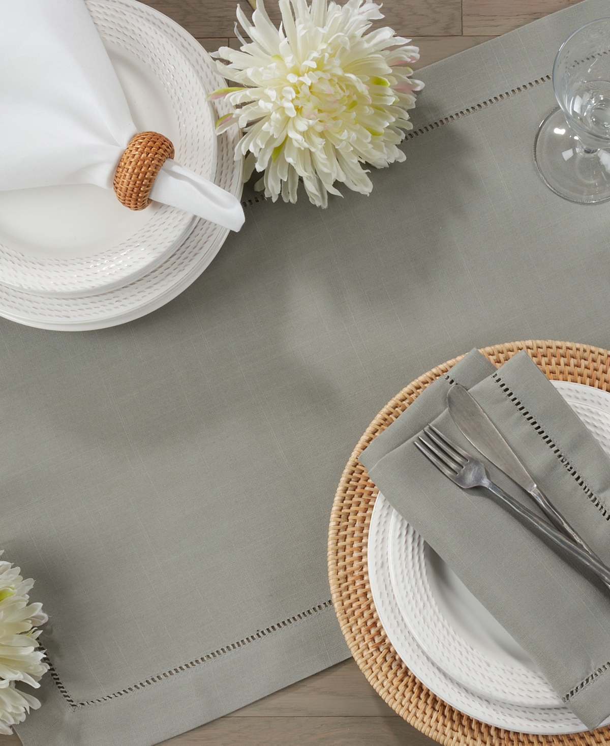 Saro Lifestyle Hemstitched Border Table Runner, 16" X 54" In Gray