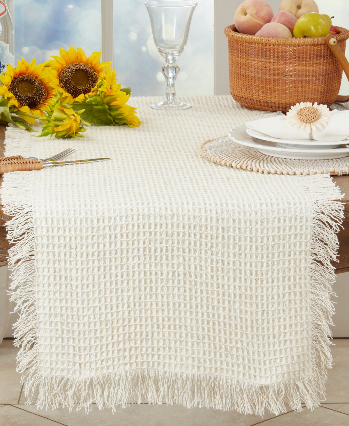 Saro Lifestyle Fringe-touched Waffle Weave Table Runner, 16" X 72" In Natural