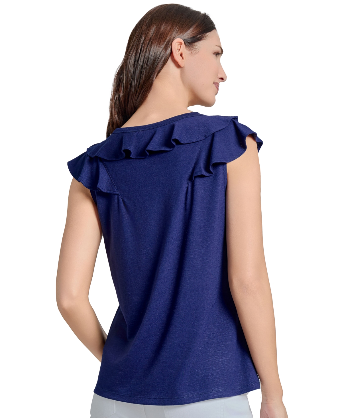 Jones New York Ruffle Neck Sleeveless Knit Top In Pacific Navy