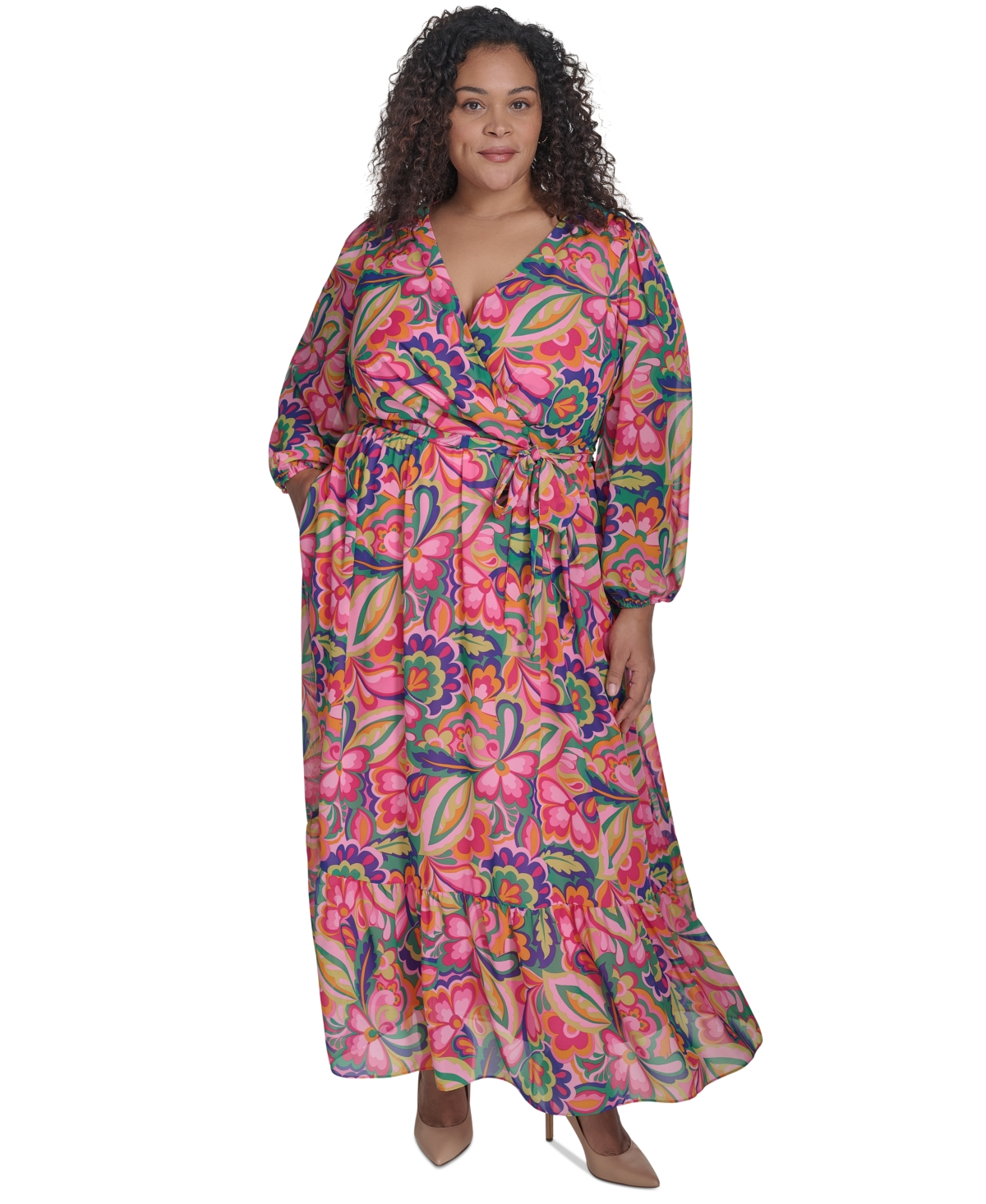 Plus Size Printed Tie-Waist Blouson-Sleeve Maxi Dress - Magenta Multi