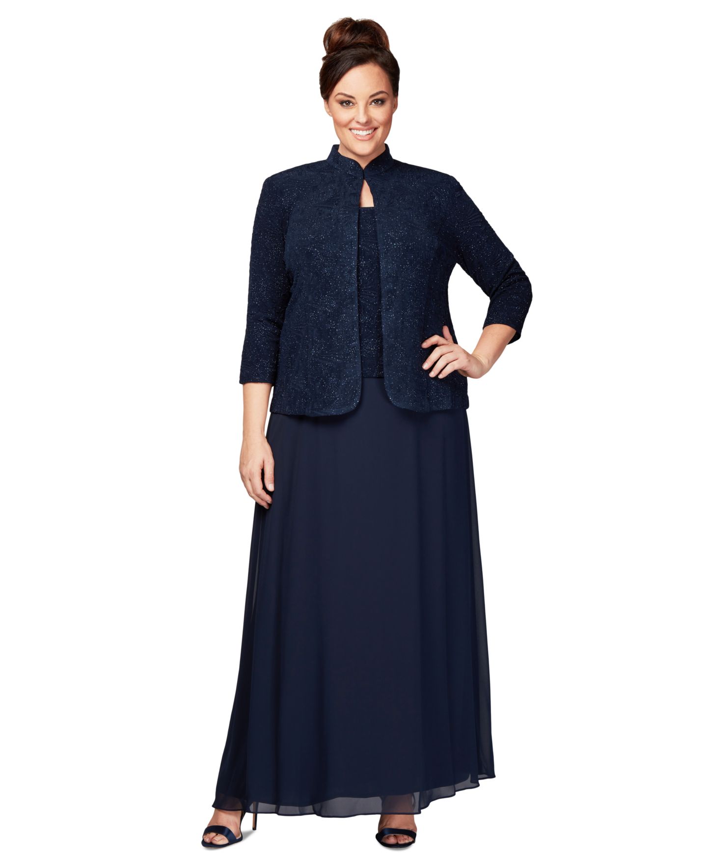 Женское платье Alex Evenings Plus Size Glitter Jacket & A-Line, цвет: Тёмно-синий — фото 1