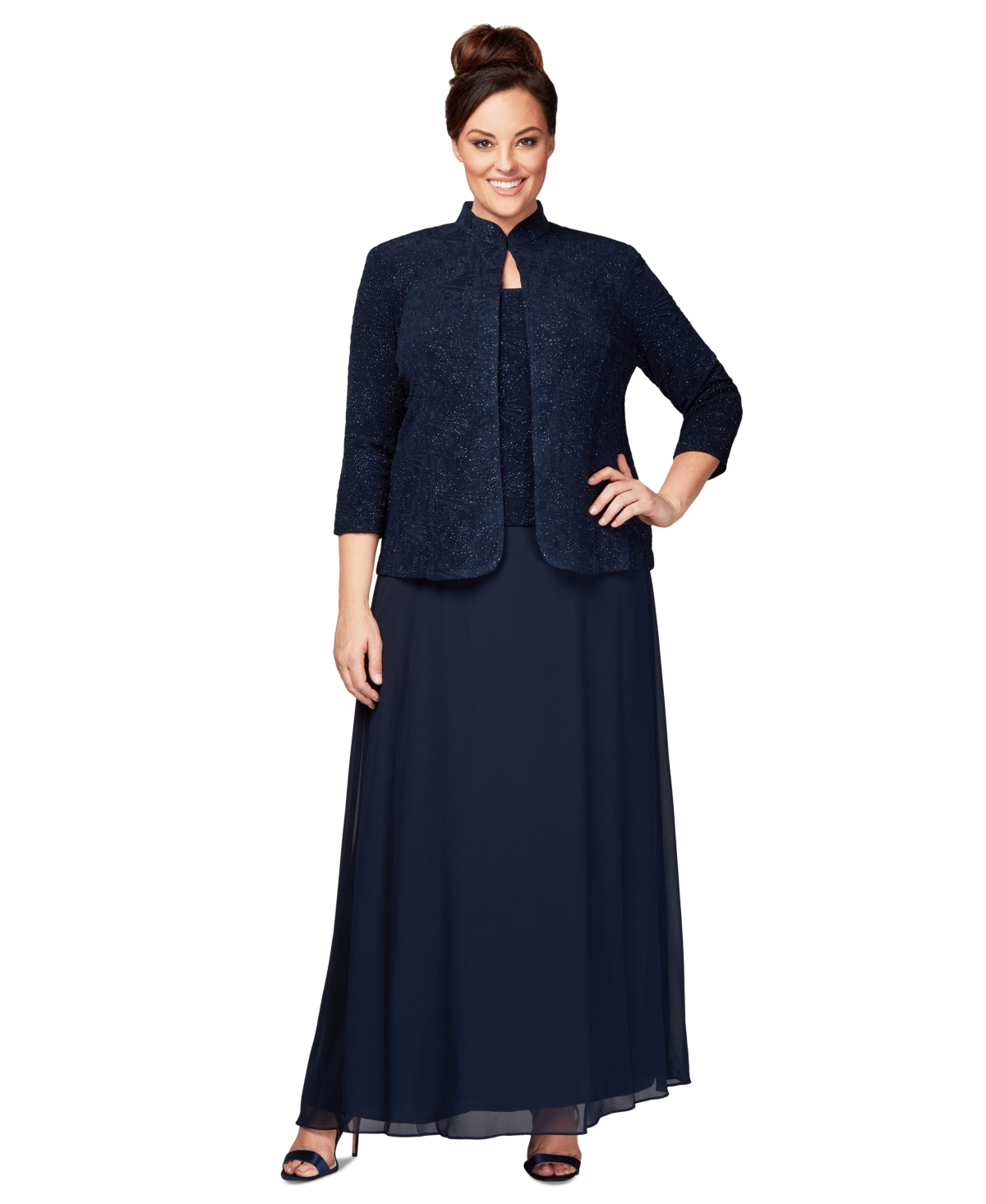 Plus Size Glitter Jacket & A-Line Dress - Navy