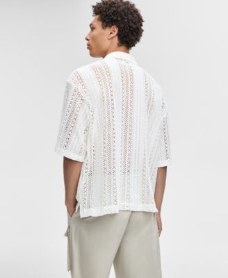 Men's Relaxed-Fit Textured Crochet Button-Down Camp Shirt, Exclusively at Macy's 