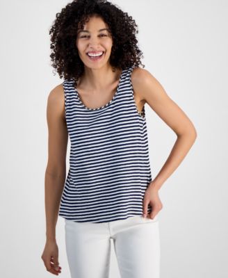 Charter Club - Petite Striped Bead-Trim Scoop-Neck Top