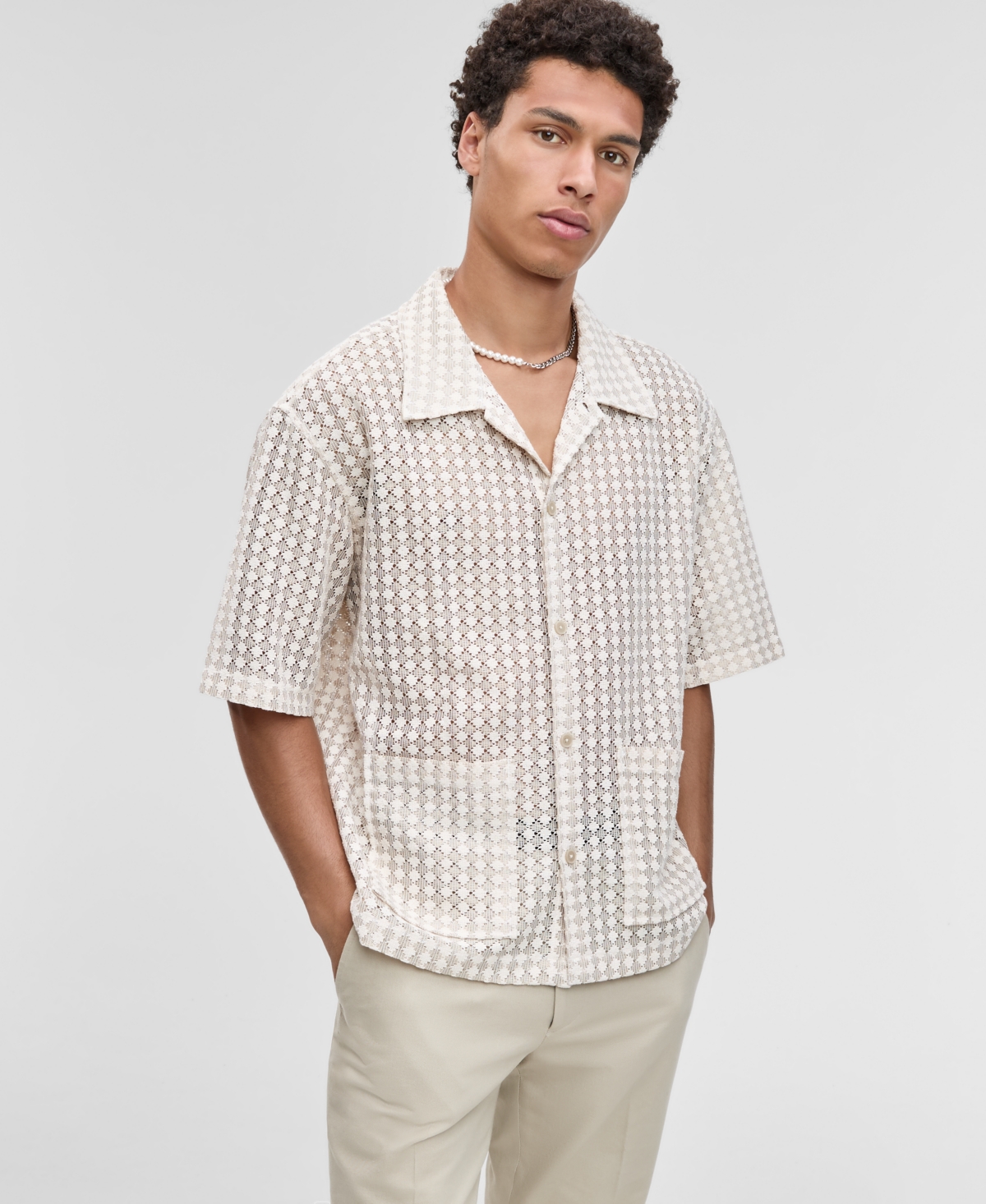 Men's Relaxed-Fit Textured-Knit Bubble Lace Button-Down Camp Shirt, Exclusively at Macy's - Neutral Combo