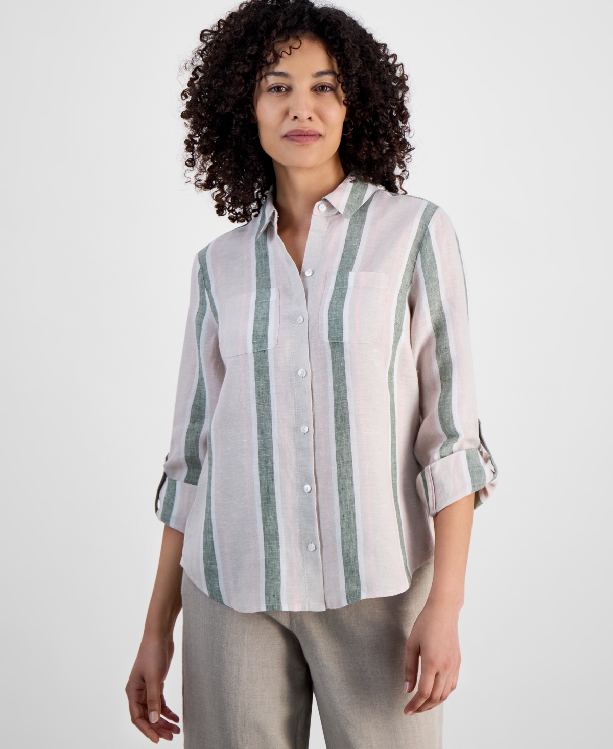 CHARTER CLUB PETITE 100% LINEN STRIPED SHIRT, EXCLUSIVELY AT MACY'S 