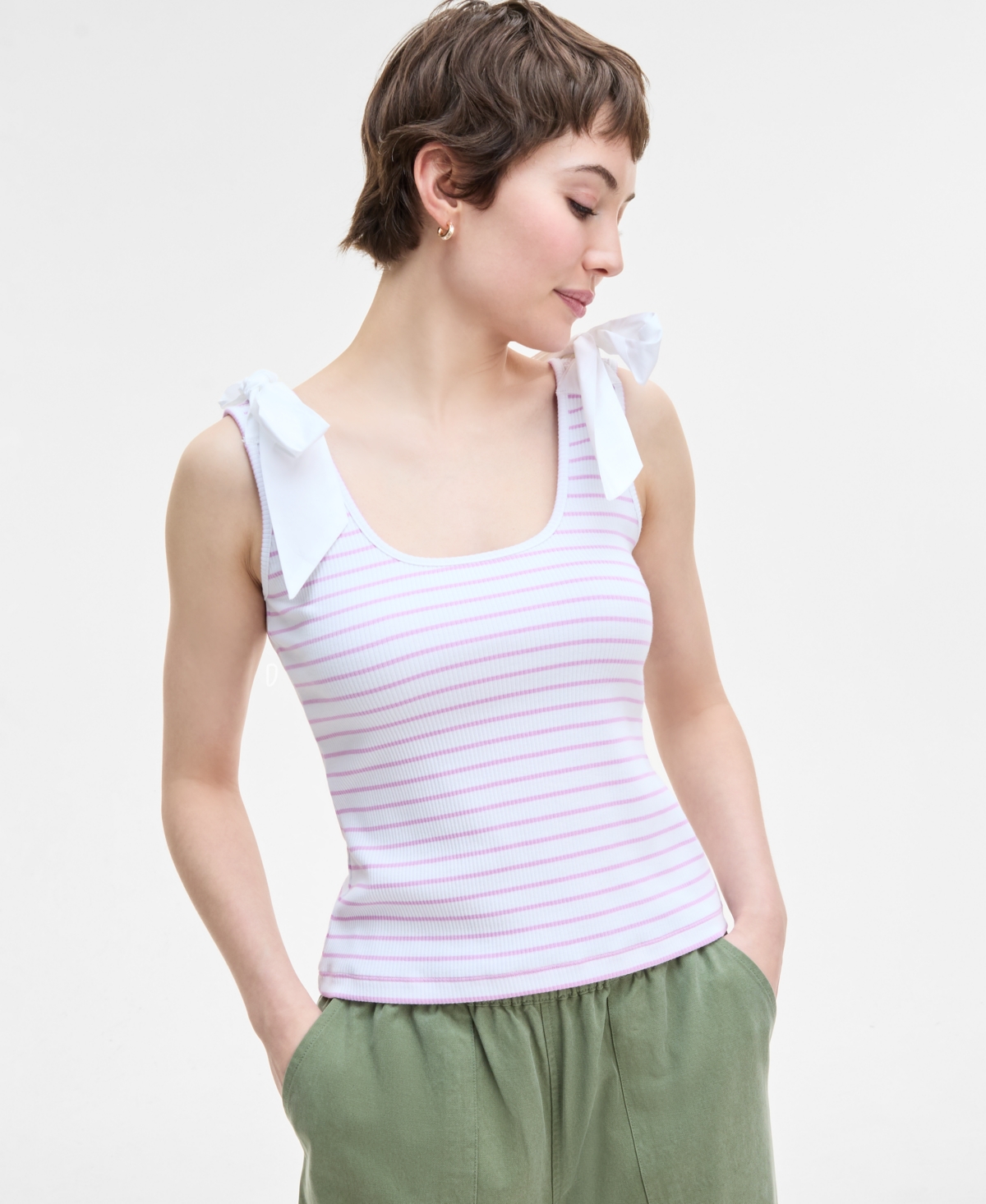 Women's Ribbed Bow-Shoulder Tank Top, Exclusively at Macy's - Lavender Combo