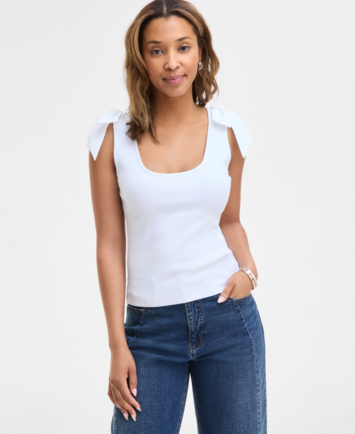 On 34th Women's Ribbed Bow-shoulder Tank Top, Exclusively At Macy's In Bright White