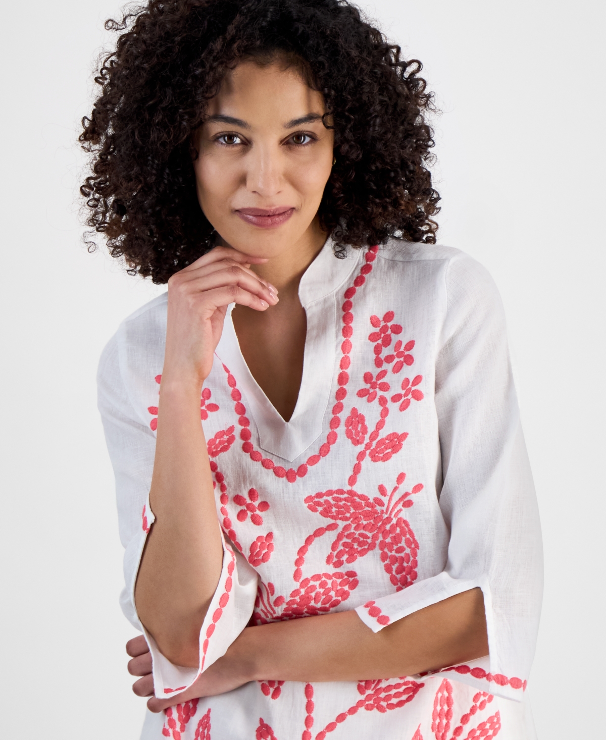 CHARTER CLUB PETITE 100% LINEN EMBROIDERED TUNIC, EXCLUSIVELY AT MACY'S 