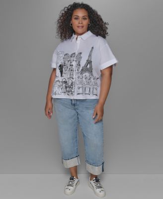 Karl Lagerfeld Plus Size City Scene Poplin Short Sleeve Shirt Crystal Cuffed Jeans In White