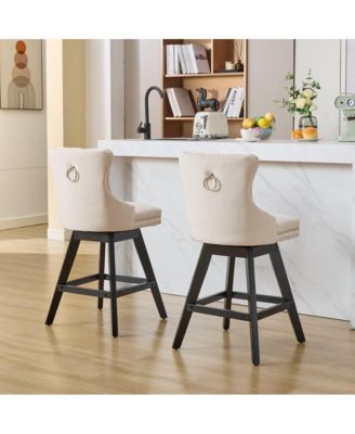 2-Piece Counter Stool Set, Velvet Upholstery with Tufted Back, Nailhead Trim and Wooden Legs, Swivel Bar Stools