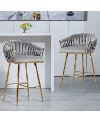 Set of 2 Counter Stools – 26" Velvet Upholstered with Hand-Wave Back, Metal Legs & Footrest