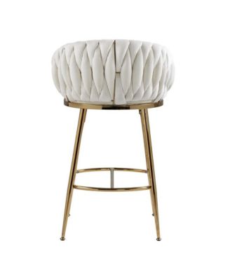 Set of 2 Counter Stools – 26" Velvet Upholstered with Hand-Wave Back, Metal Legs & Footrest
