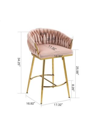 Set of 2 Counter Stools – 26" Velvet Upholstered with Hand-Wave Back, Metal Legs & Footrest