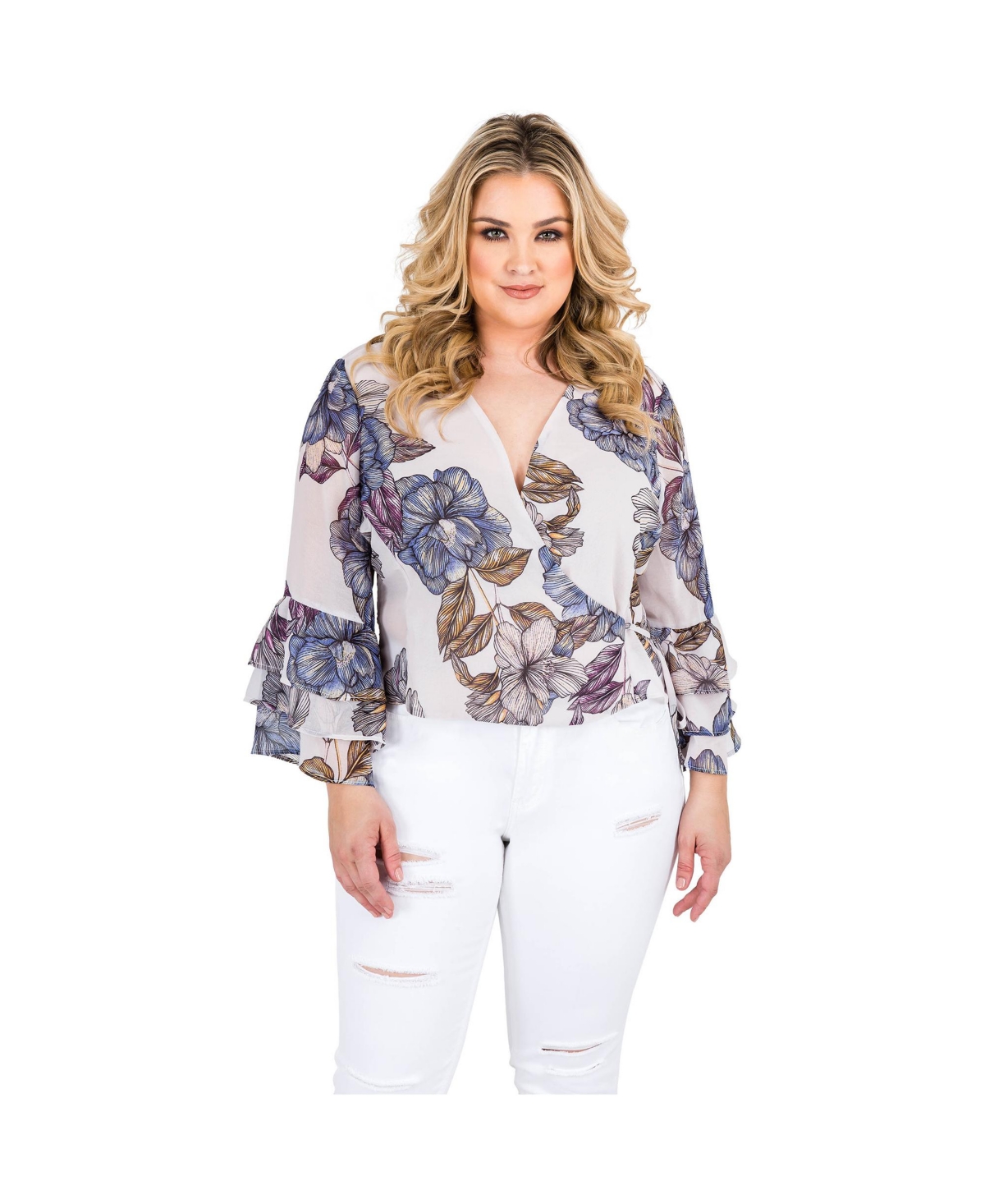 Plus Size Women's Floral Print Chiffon Flare Sleeve Blouse - Grey floral