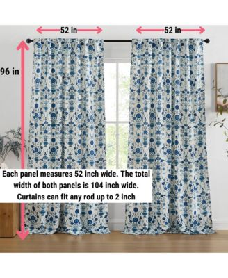 Clara Floral Damask Patterned Window Back Tab Rod Pocket Curtains Bedroom - Light Blocking Darkening Window Panels, Set of 2 (Blue, 52 W x 96 L)