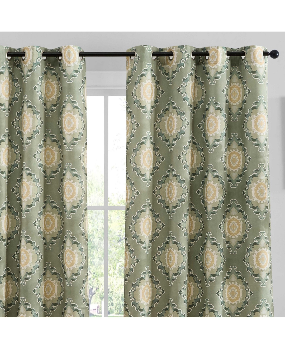 Liam Ogee Ikatt Damask Patterned Window Grommet Curtains Bedroom - Light Blocking Darkening Window Panels, Set of 2 (Sage Green, 52 W x 84 L) -