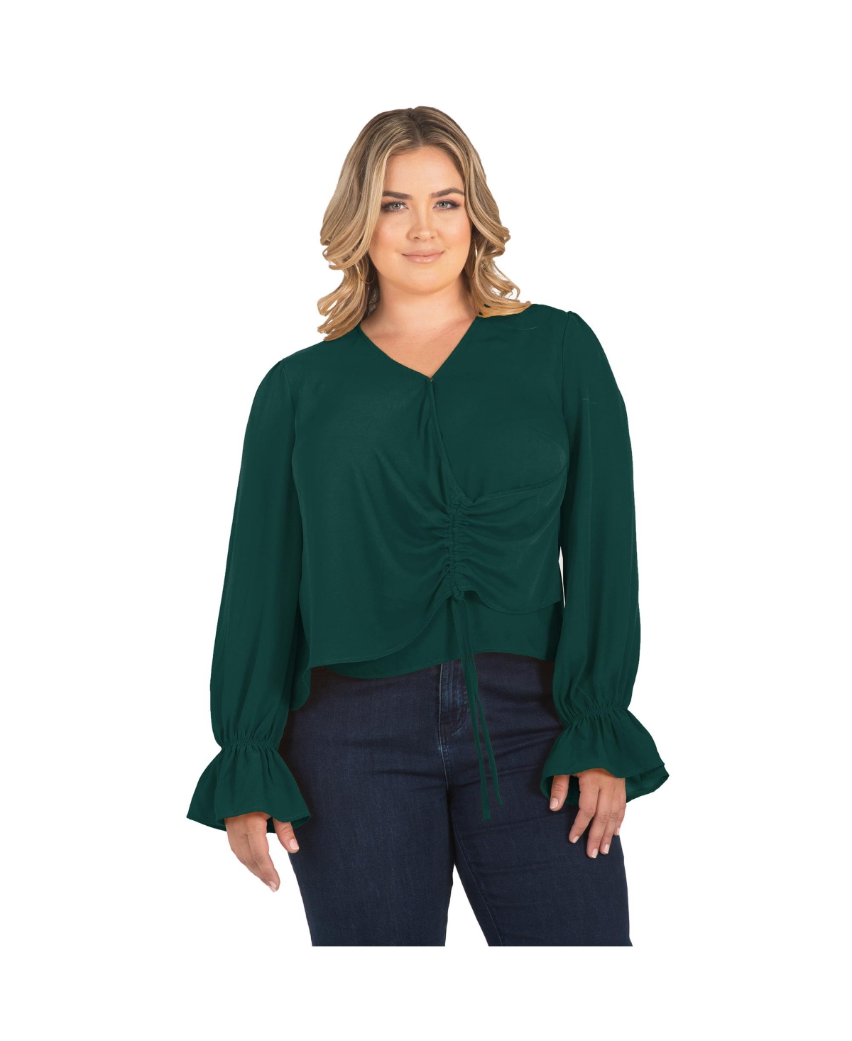 Plus Size Women's Long Flute Sleeve V-Neck Blouse Tops - Teal green