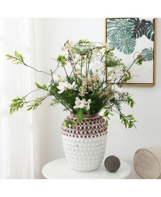 Vintage White and Brown Beaded 12-Inch Tall Urn Vase