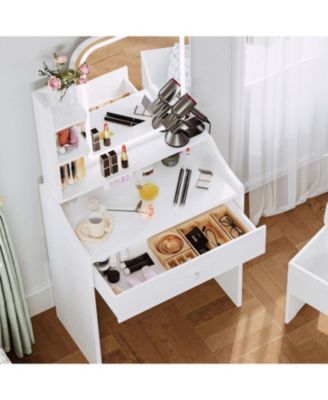 Small Makeup Vanity Desk with Mirror and Lights, Vanity Table Set with Storage Drawer, Chair and Three Shelves