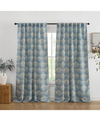Messina Paisley Damask Patterned Back Tab Rod Pocket Curtains - Light Blocking Darkening Window Panels, Set of 2 (Blue/Yellow, 52 W x 96 L)