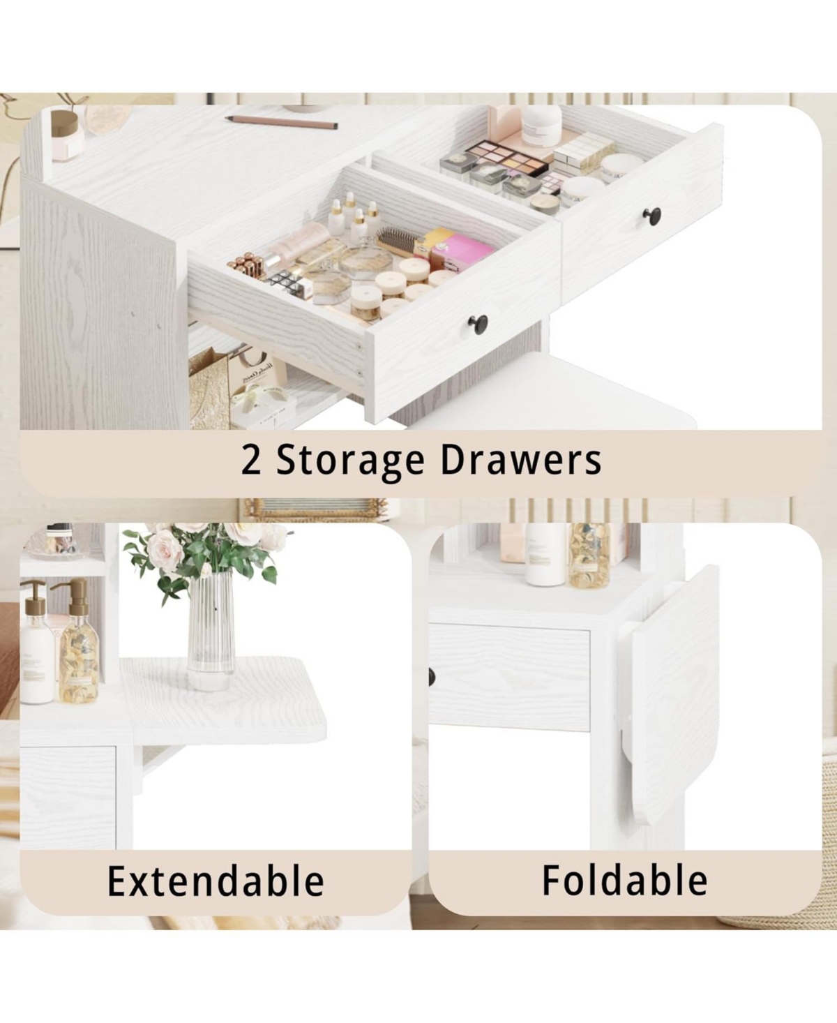 Vanity Desk with Mirror and Led Lights, Jewelry Cabinet