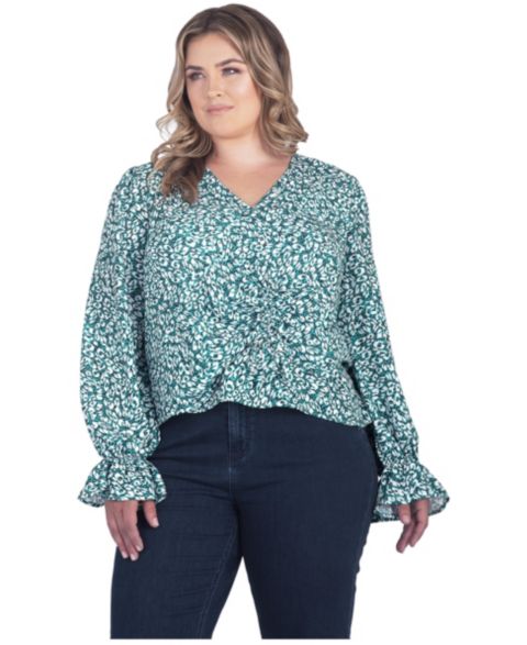 Женская блузка Standards & Practices Plus Size Long Flute Sleeve V-Neck Blouse Tops, цвет: Зелёный леопардовый