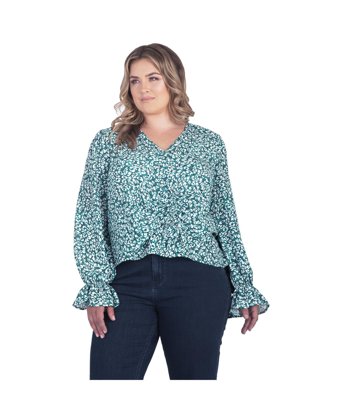 Plus Size Women's Long Flute Sleeve V-Neck Blouse Tops - Green leopard