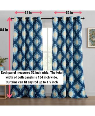 Liam Ogee Ikatt Damask Patterned Window Grommet Curtains Bedroom - Light Blocking Darkening Window Panels, Set of 2 (Navy Blue, 52 W x 84 L)