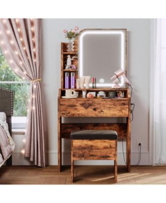 Small Makeup Vanity Desk with Mirror and Lights, Vanity Table Set with Storage Drawer
