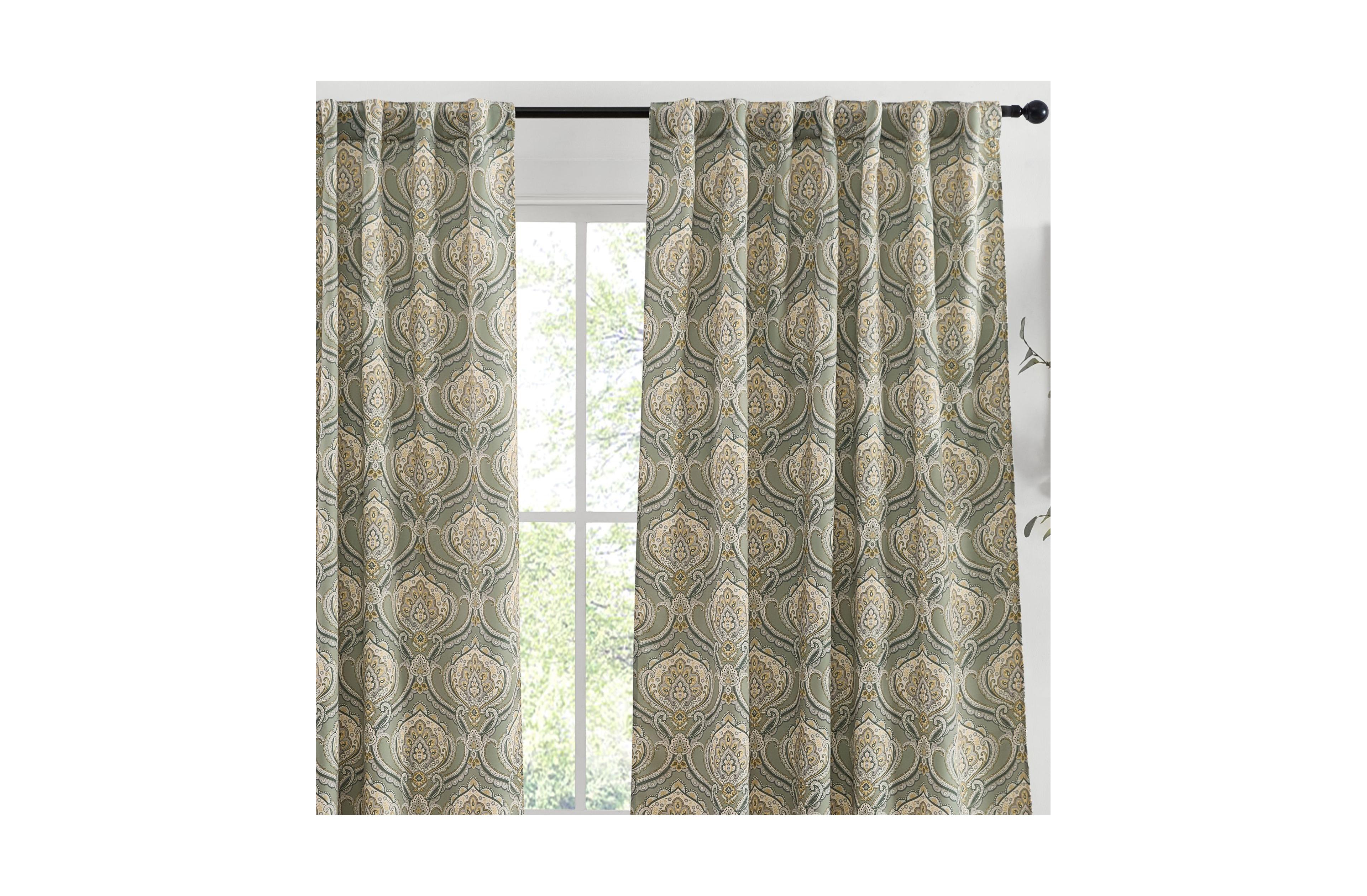Hlc.me Messina Paisley Damask Patterned Back Tab Rod Pocket Curtains - Light Blocking Darkening Window Panels, Set of 2 (Green/Yellow, 52 W x 96 L)