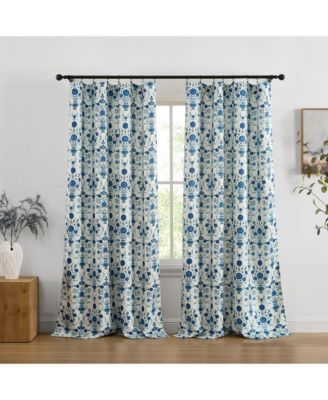 Clara Floral Damask Patterned Window Back Tab Rod Pocket Curtains Bedroom - Light Blocking Darkening Window Panels, Set of 2 (Blue, 52 W x 84 L)